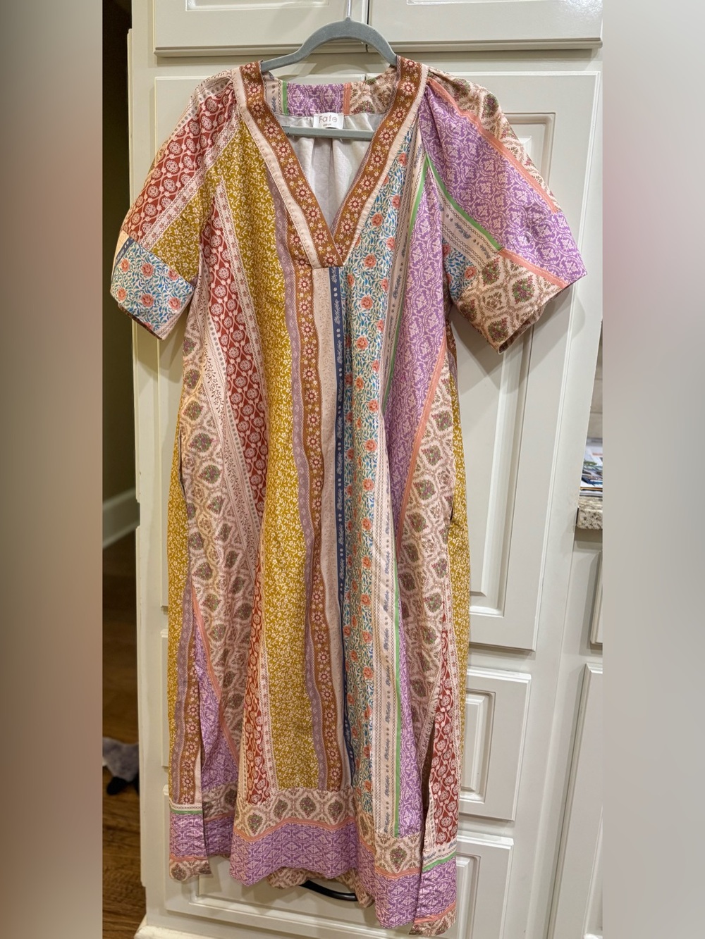 Fate Patchwork Print Deep V-Neckline Kaftan Dress— Size Medium